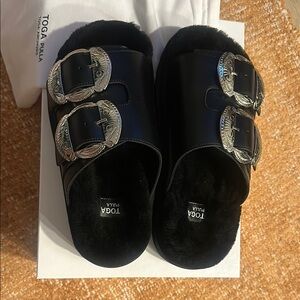 Toga Pulla Black Slide Sandals with Silver Buckles